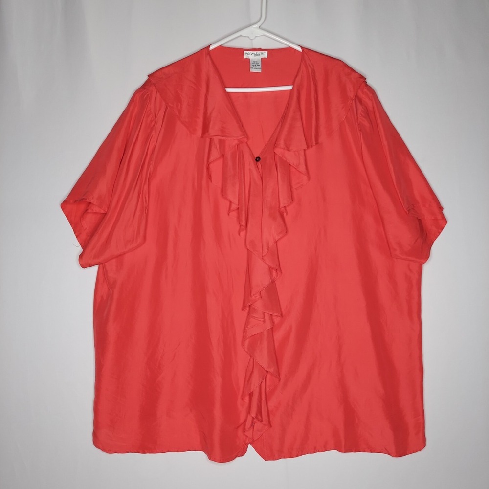 Adrian Jordan Short Sleeve Silk Button Blouse Women‎ 22/24 Ruffle V-Neck Classic